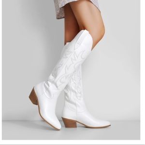 White Knee High Western Boots